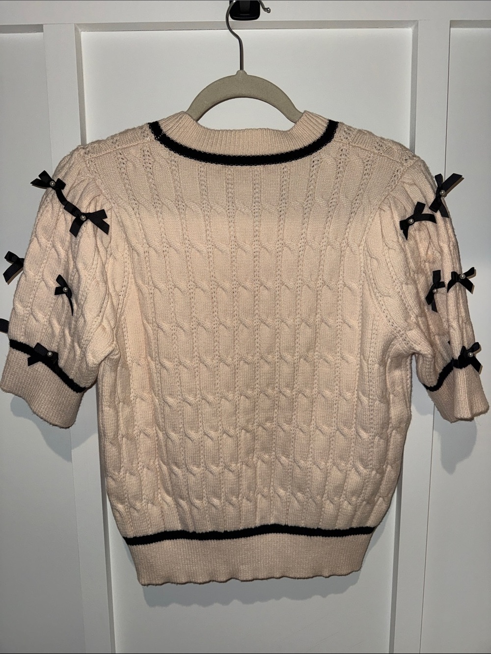 THML Cream Cable-Knit Short Sleeve Sweater with Black Bow/Pearl Accents - Picture 4 of 4